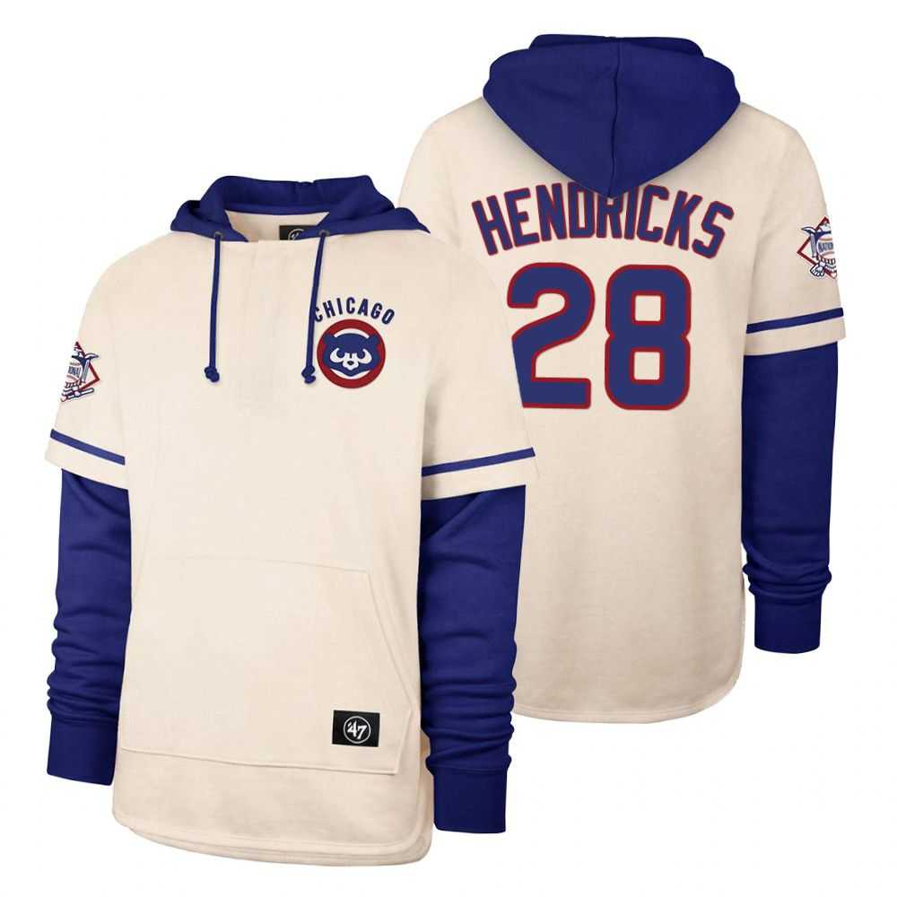 Men Chicago Cubs 28 Hendricks Cream 2021 Pullover Hoodie MLB Jersey